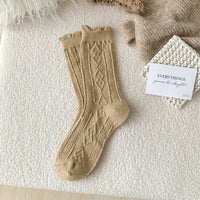 Traditional Wool Socks Cynthia – Thick, Warm & Vintage Ruffle Design-Light Khaki-State of Style