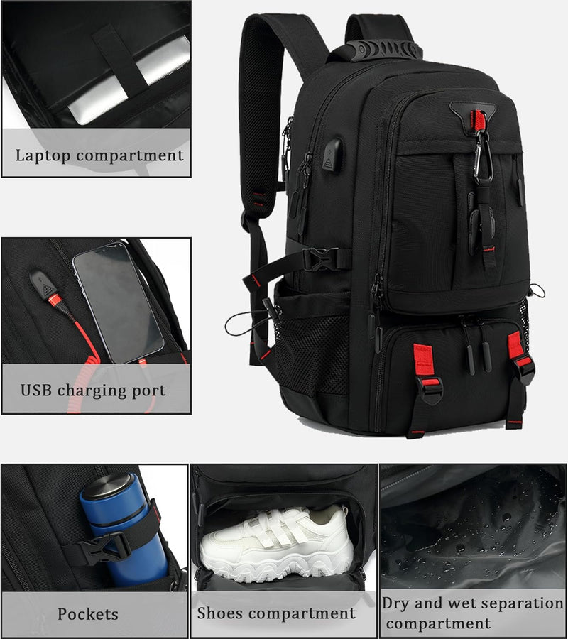 60L Waterproof Travel Laptop Backpack with USB Port & Shoe Compartment