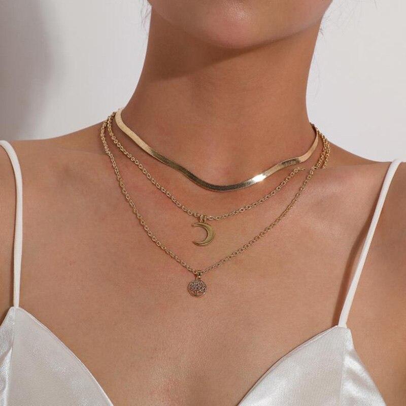 Tree of Life & Crescent Moon Multilayer Necklace - Selestina-Gold-State of Style