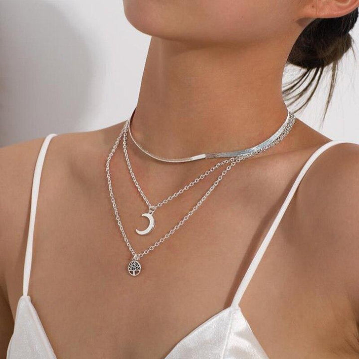 Tree of Life & Half Moon Multilayer Necklace - Selestina-Silver-State of Style