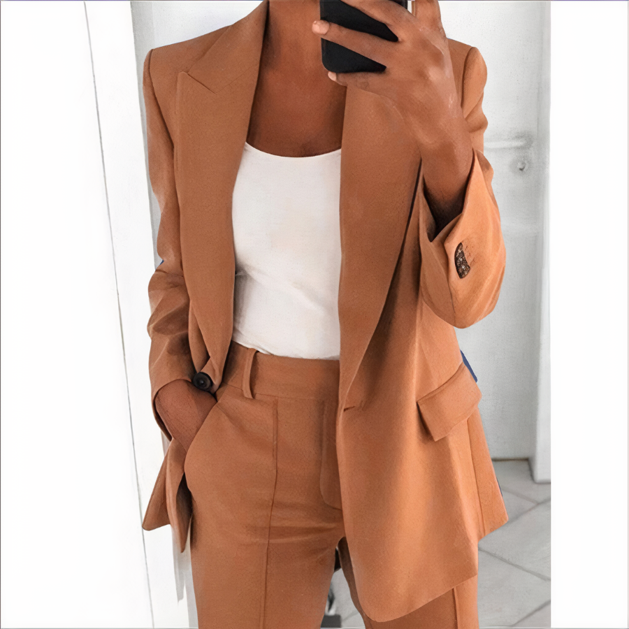 Trendy Blazer and Trouser Set for Women - Sanne-Khaki-S-State of Style