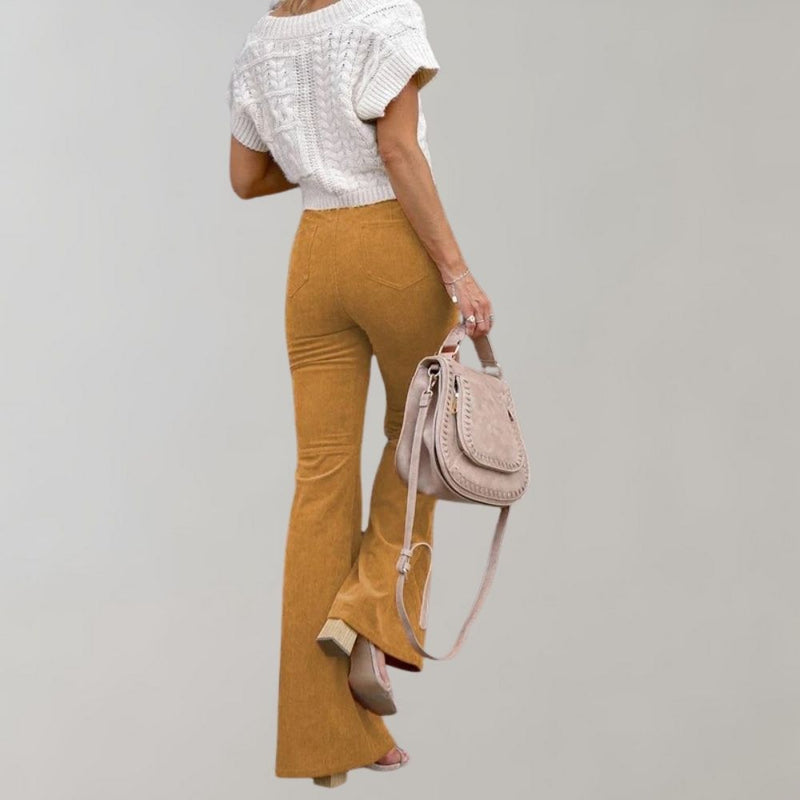 Trendy Corduroy Flared Pants - Valerie-Khaki-S-State of Style