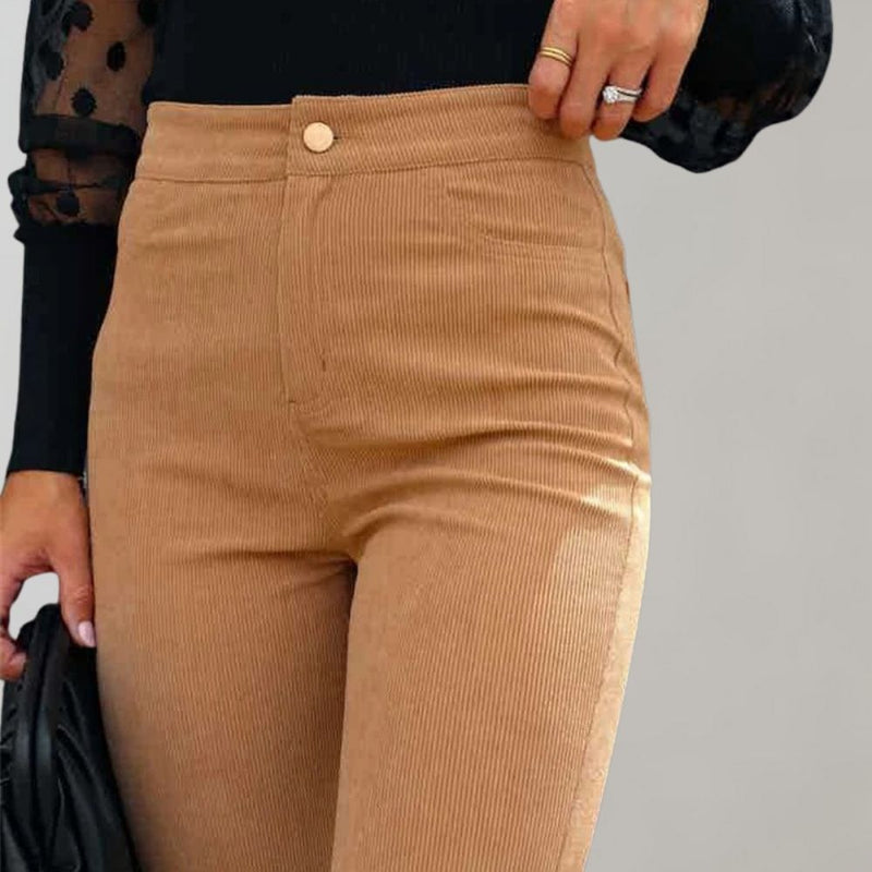 Trendy Corduroy Flared Trousers - Valerie-Khaki-S-State of Style