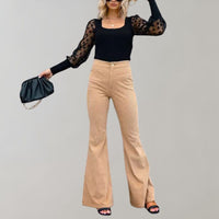 Trendy Corduroy Flared Trousers - Valerie-Khaki-S-State of Style