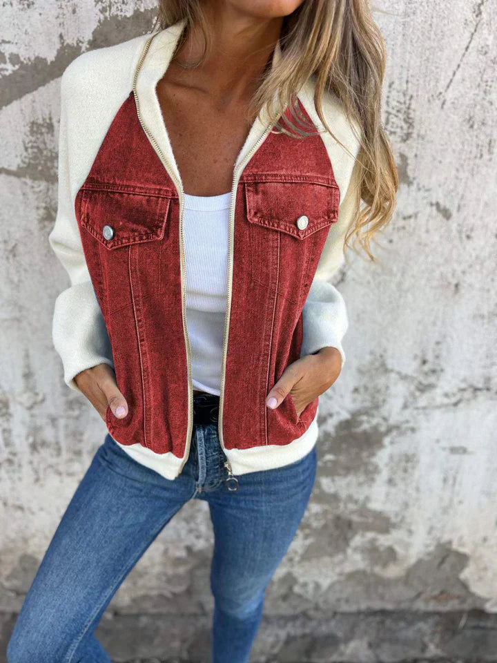 Trendy Denim Jacket - Isaline-Red-S-State of Style