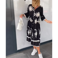 Trendy Dress with Floral Print and 3/4 Sleeves – Elin-Black-S-State of Style