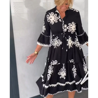 Trendy Dress with Floral Print and 3/4 Sleeves – Elin-Black-S-State of Style