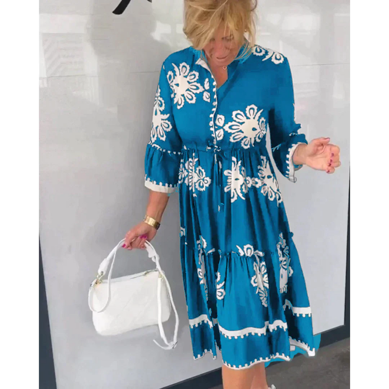 Trendy Dress with Floral Print and 3/4 Sleeves – Elin-Blue-S-State of Style