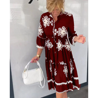 Trendy Dress with Floral Print and 3/4 Sleeves – Elin-Red-S-State of Style