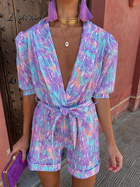 Trendy festival print playsuit with belt – Leona-Purple-S-State of Style