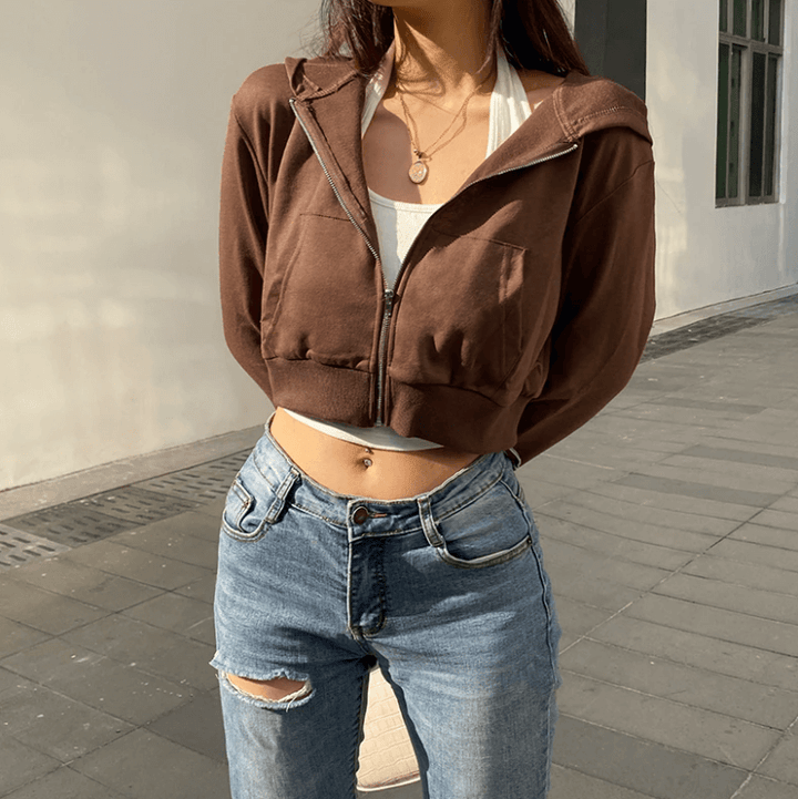 Trendy Fitted Women's Cropped Zip-Up Hoodie with Hood – Alina-Brown-S-State of Style