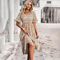 Trendy Flower Print Midi Dress - Livia-Beige-S-State of Style