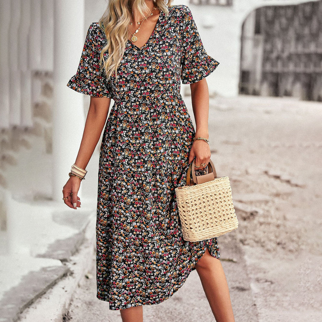 Trendy Flower Print Midi Dress - Livia-Black-S-State of Style