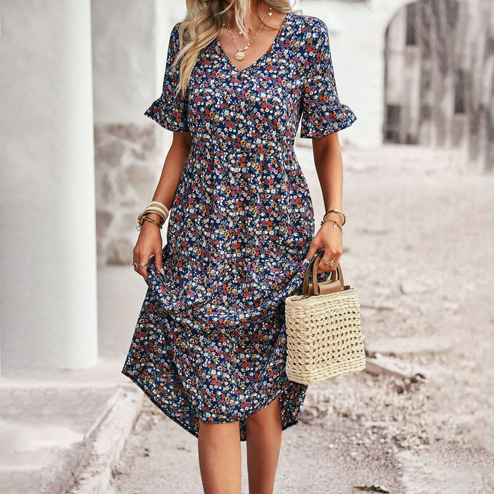 Trendy Flower Print Midi Dress - Livia-Blue-S-State of Style