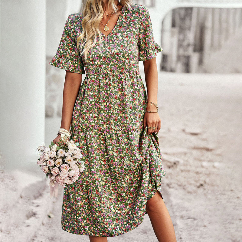 Trendy Flower Print Midi Dress - Livia-Green-S-State of Style