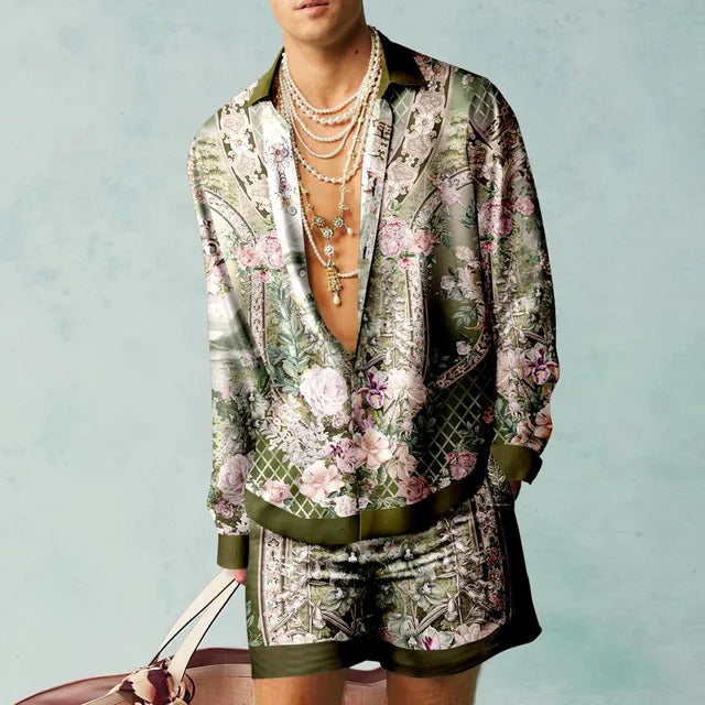 Trendy Hawaiian set with a silk look for men – Fabio-Light blue/Green-S-State of Style