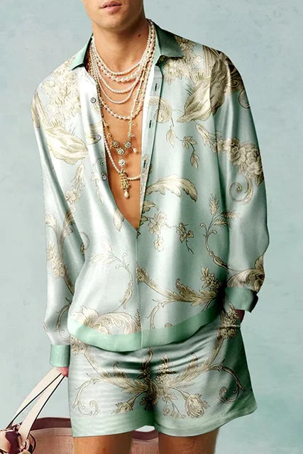 Trendy Hawaiian set with a silk look for men – Fabio-Light blue/Green-S-State of Style
