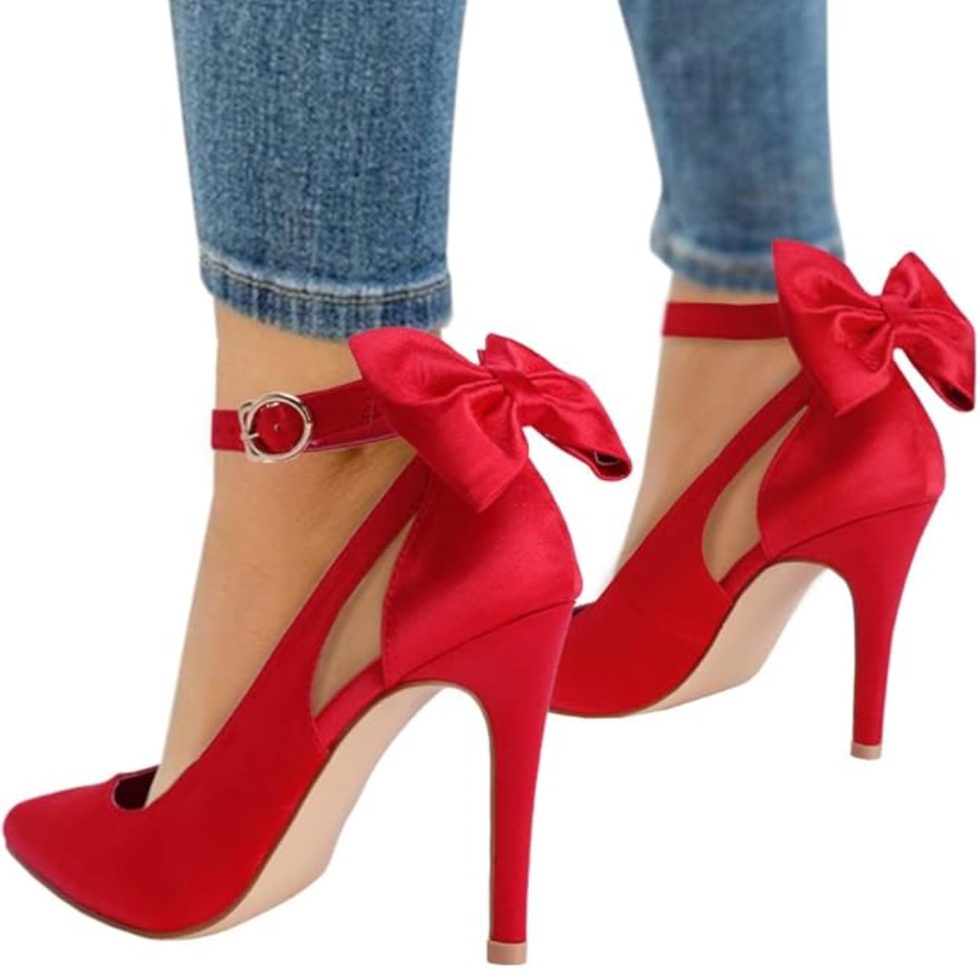 Trendy High Heels with Bow - Hailey-Satin Red-3-State of Style