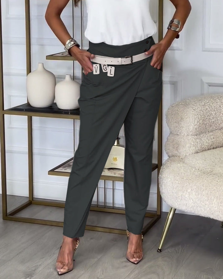 Trendy Ladies Patchwork Trousers with Belt - Liv-Dark Grey-S-State of Style