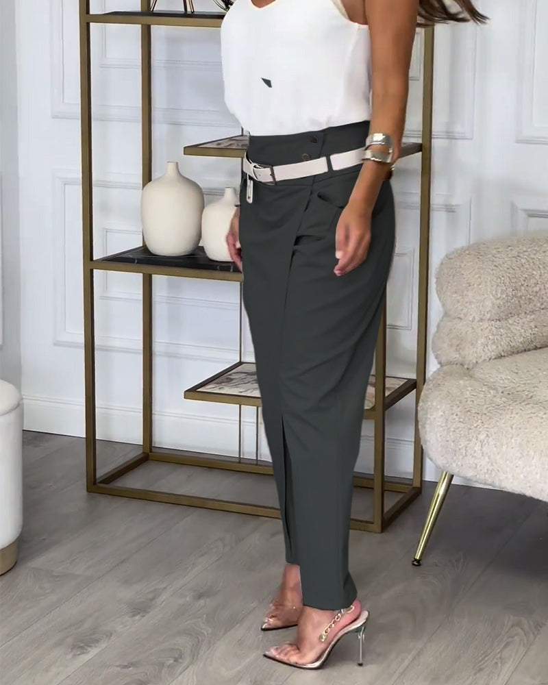 Trendy Ladies Patchwork Trousers with Belt - Liv-Grey-S-State of Style