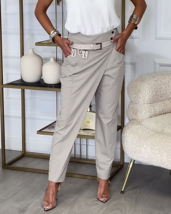 Trendy Ladies Patchwork Trousers with Belt - Liv-Grey-S-State of Style