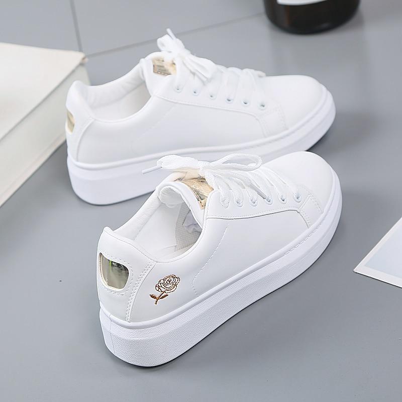 Trendy ladies' sneakers made of synthetic leather with metallic accents – Norell-White - Gold-3-State of Style