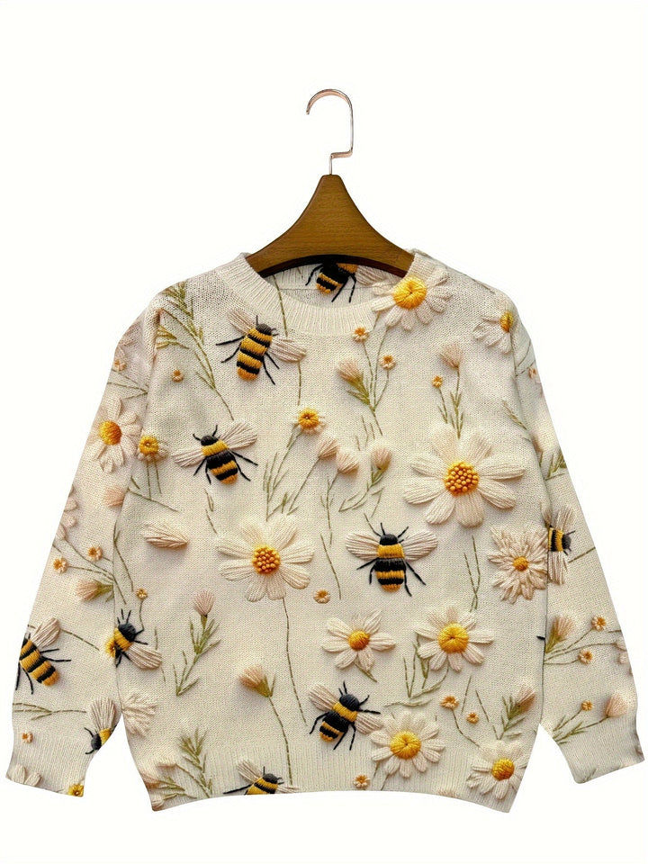 Trendy Ladies Sweater with Bee Pattern - Sophie-Apricot-S-State of Style