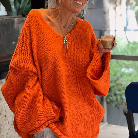 Trendy Ladies' Sweater with V-neck - Clara-Orange-S-State of Style