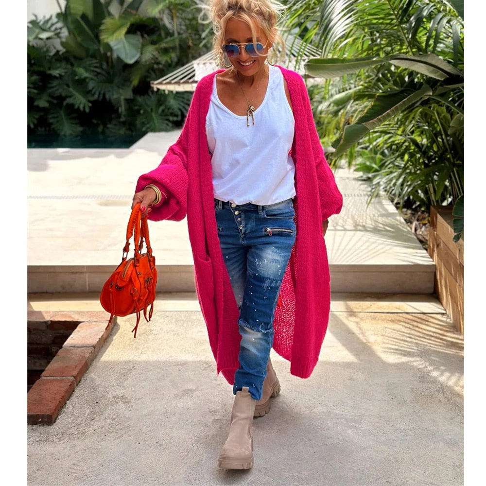 Trendy Long Knitted Cardigan - Sofia-Orange-One Size-State of Style