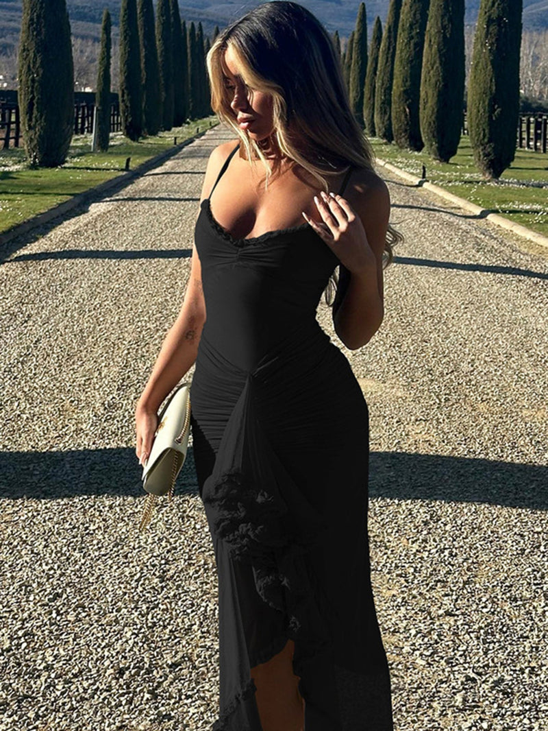 Trendy maxi dress with ruffles and spaghetti straps – Loyza-Black-XS-State of Style