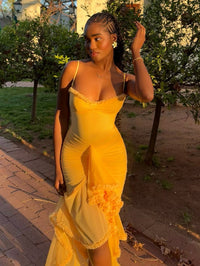 Trendy maxi dress with ruffles and spaghetti straps – Loyza-Yellow-XS-State of Style