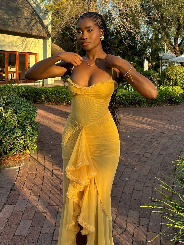 Trendy maxi dress with ruffles and spaghetti straps – Loyza-Yellow-XS-State of Style
