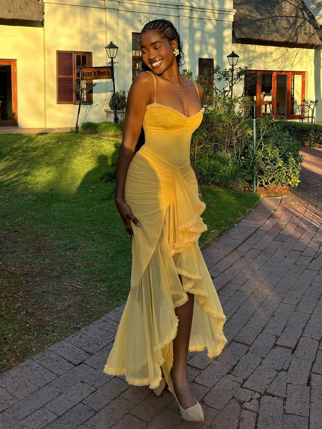 Trendy maxi dress with ruffles and spaghetti straps – Loyza-Yellow-XS-State of Style