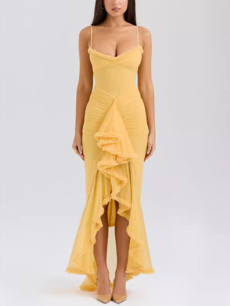 Trendy maxi dress with ruffles and spaghetti straps – Loyza-Yellow-XS-State of Style
