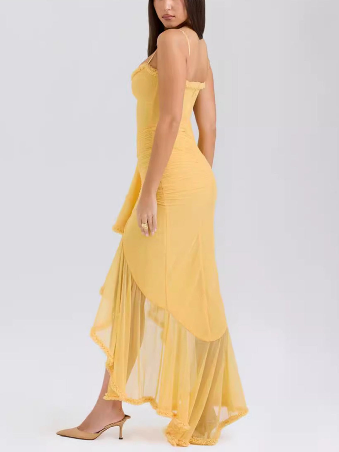 Trendy maxi dress with ruffles and spaghetti straps – Loyza-Yellow-XS-State of Style