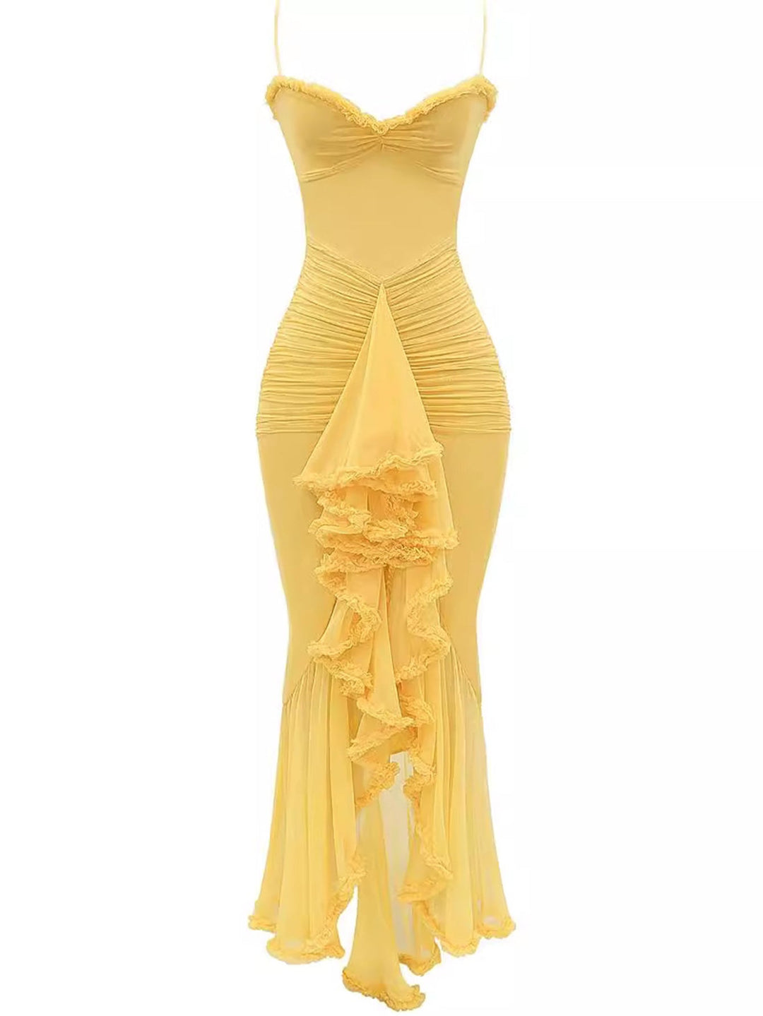 Trendy maxi dress with ruffles and spaghetti straps – Loyza-Yellow-XS-State of Style