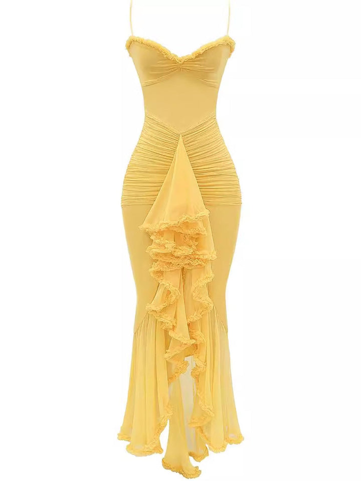 Trendy maxi dress with ruffles and spaghetti straps – Loyza-Yellow-XS-State of Style