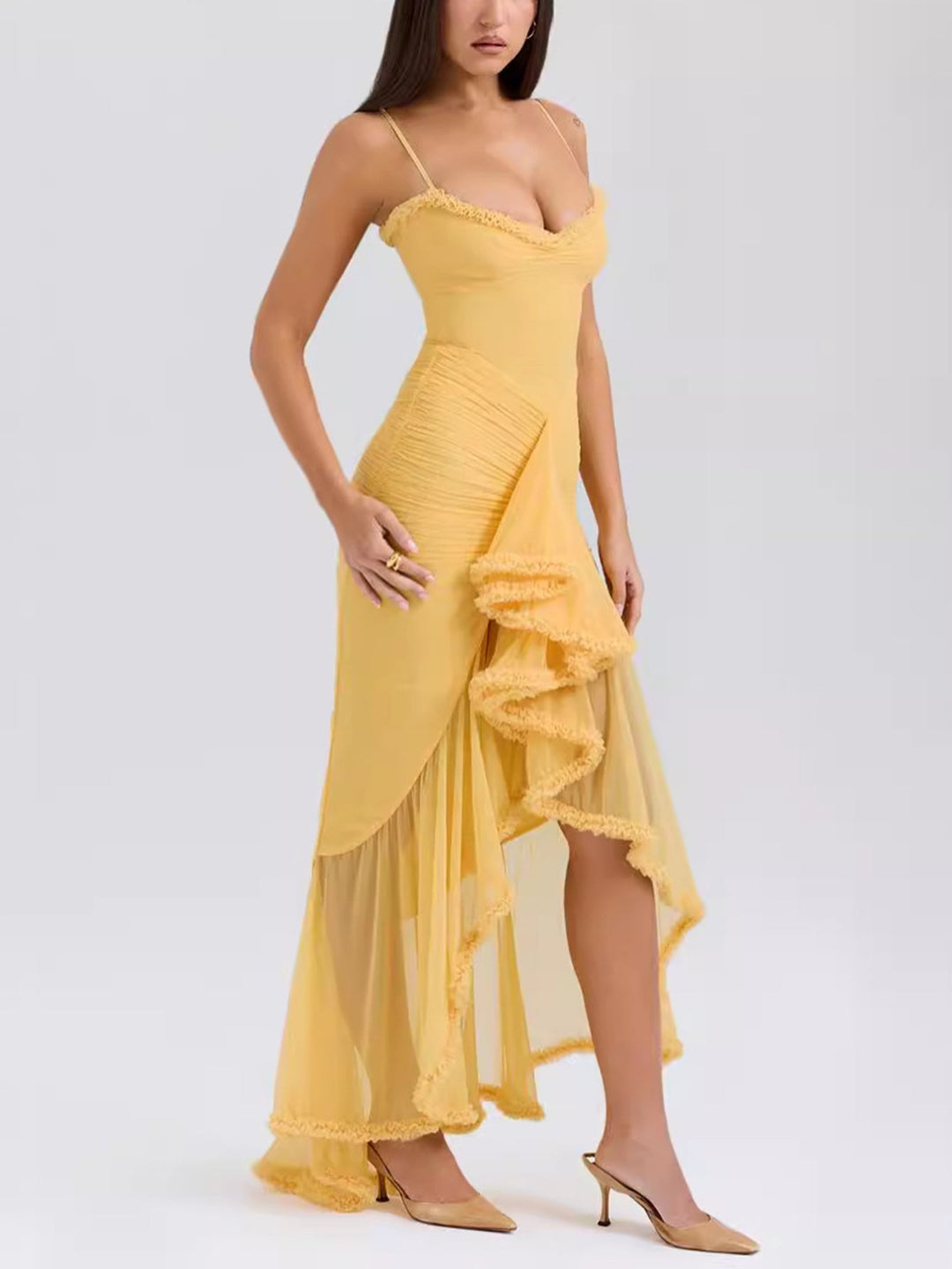 Trendy maxi dress with ruffles and spaghetti straps – Loyza-Yellow-XS-State of Style