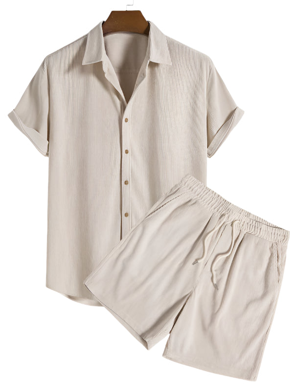 Trendy men's summer set with striped design - Beach Style-Beige-State of Style
