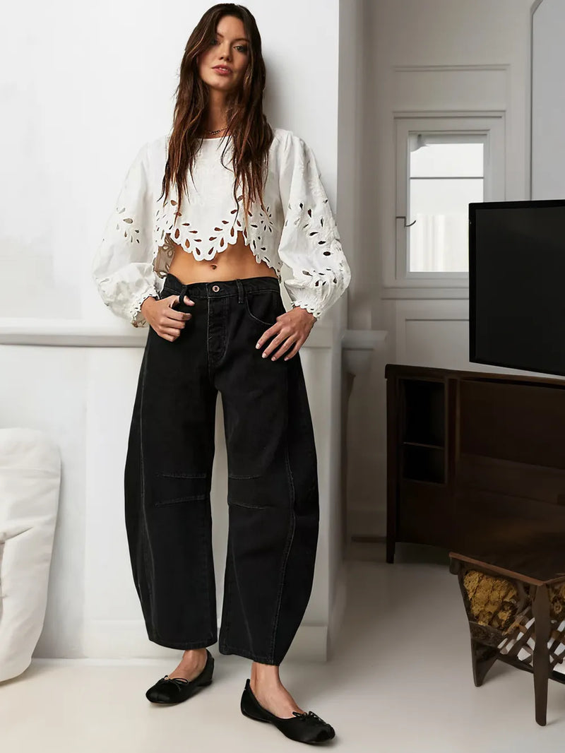 Trendy Mid-Rise Barrel Jeans - Livia-Black-XS-State of Style