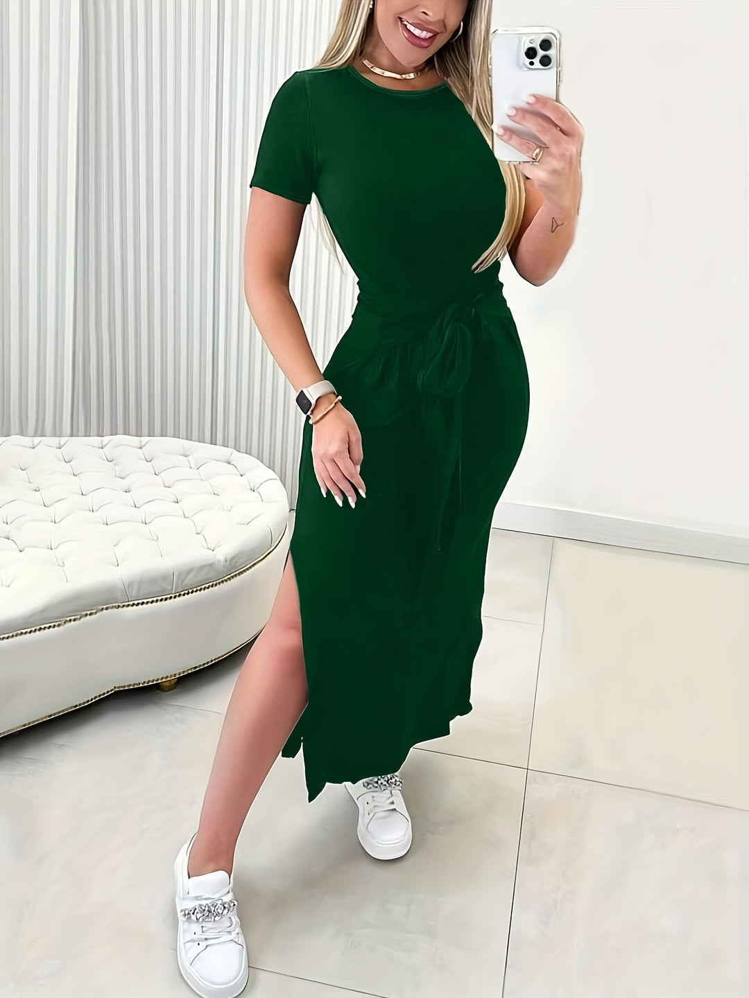 Trendy midi dress with a waist belt for women - summer cut-White-S-State of Style