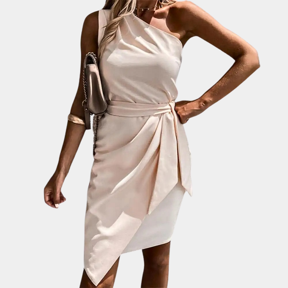Trendy One-Shoulder Dress with Waistband - Adriana-Apricot-S-State of Style