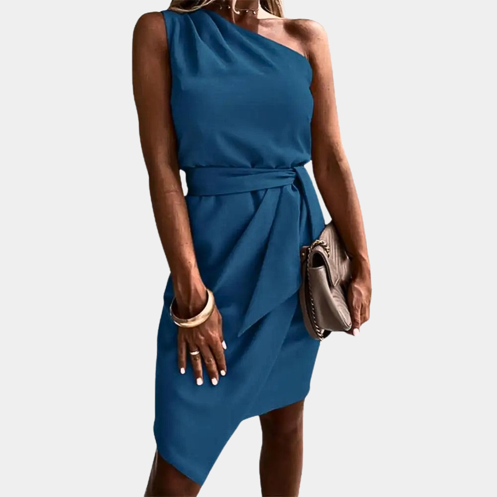 Trendy One-Shoulder Dress with Waistband - Adriana-Blue-S-State of Style