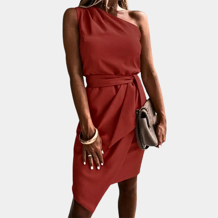 Trendy One-Shoulder Dress with Waistband - Adriana-Red-S-State of Style