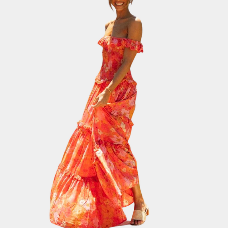 Trendy Orange Floral Print Dress - Elara-S-State of Style