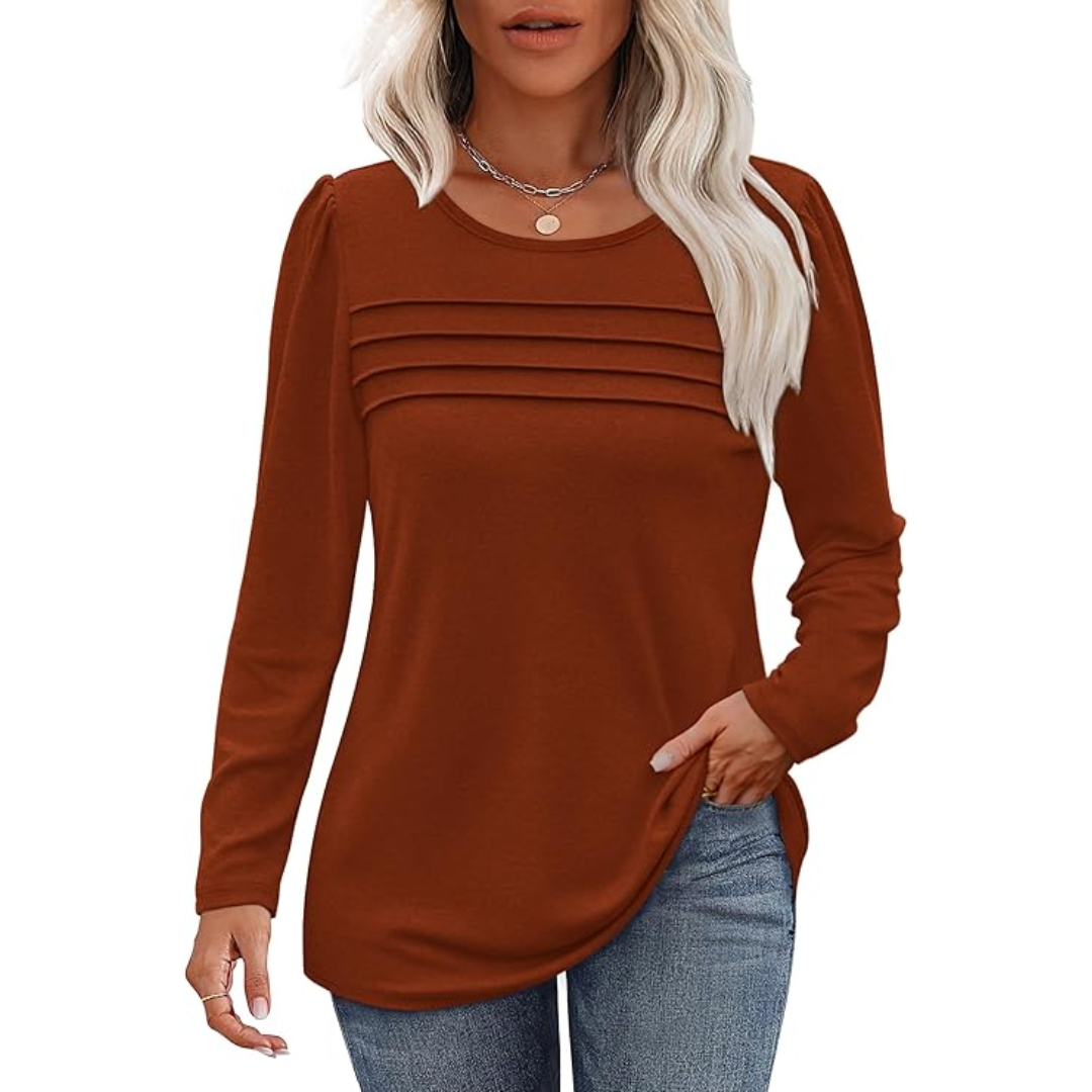 Trendy Pleated Long Sleeve Tunic Top - Sarah-Caramel-M-State of Style
