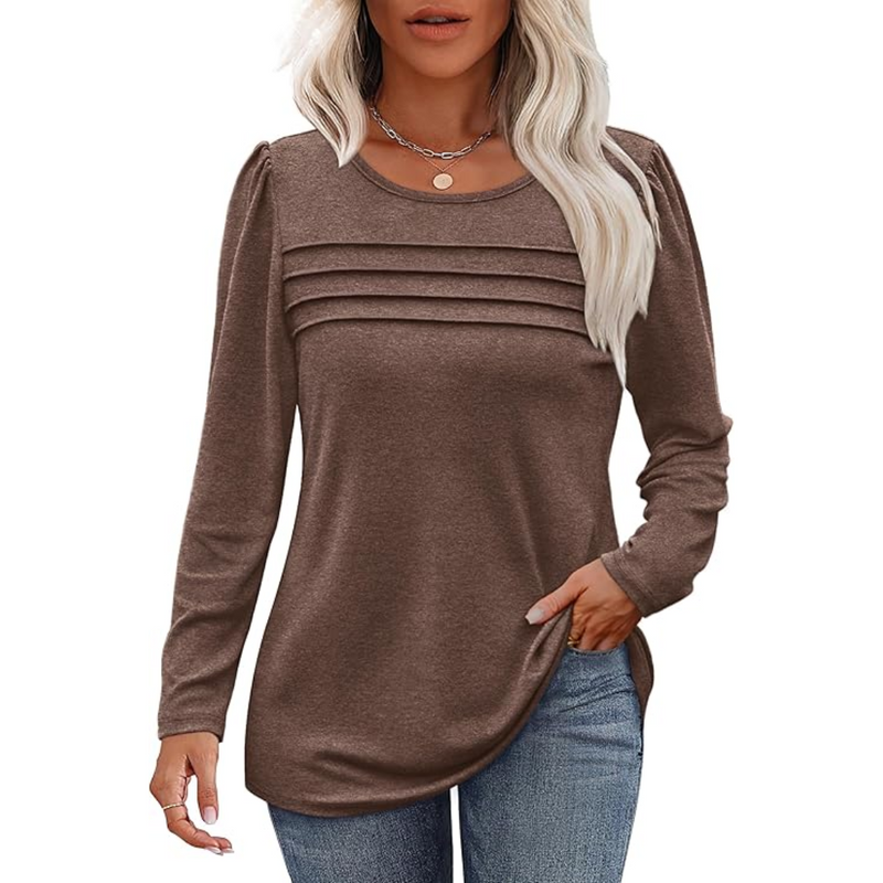 Trendy Pleated Long Sleeve Tunic Top - Sarah-Coffee-M-State of Style