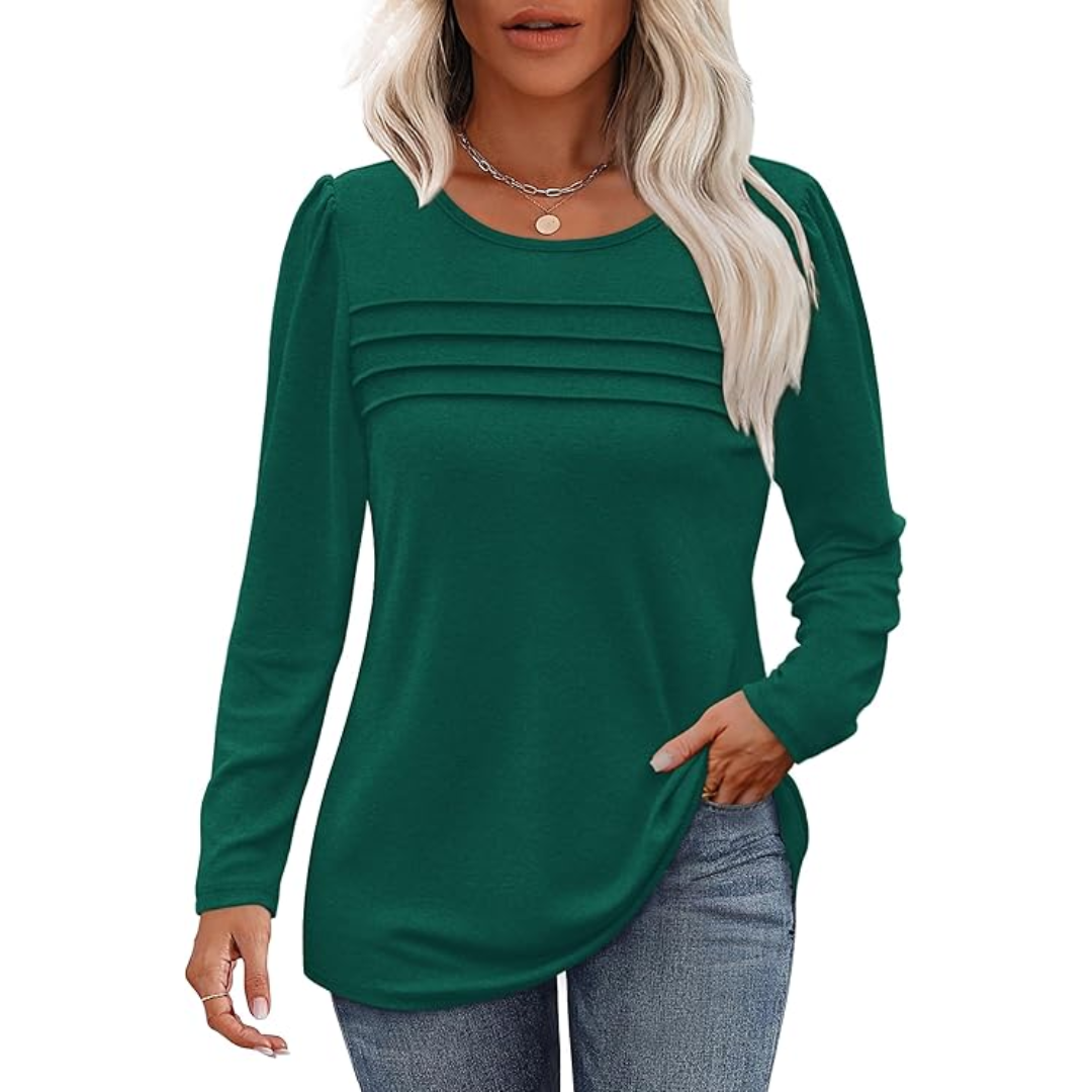 Trendy Pleated Long Sleeve Tunic Top - Sarah-Green-M-State of Style