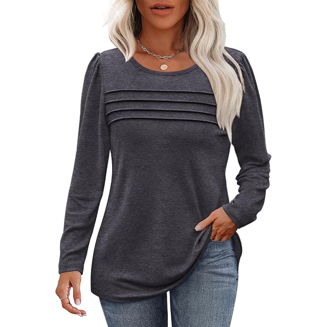Trendy Pleated Long Sleeve Tunic Top - Sarah-Grey-M-State of Style