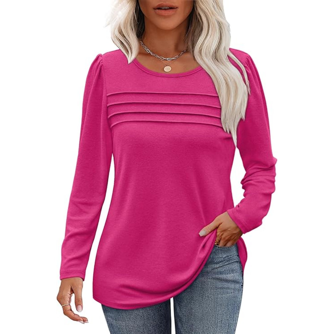 Trendy Pleated Long Sleeve Tunic Top - Sarah-Pink-M-State of Style